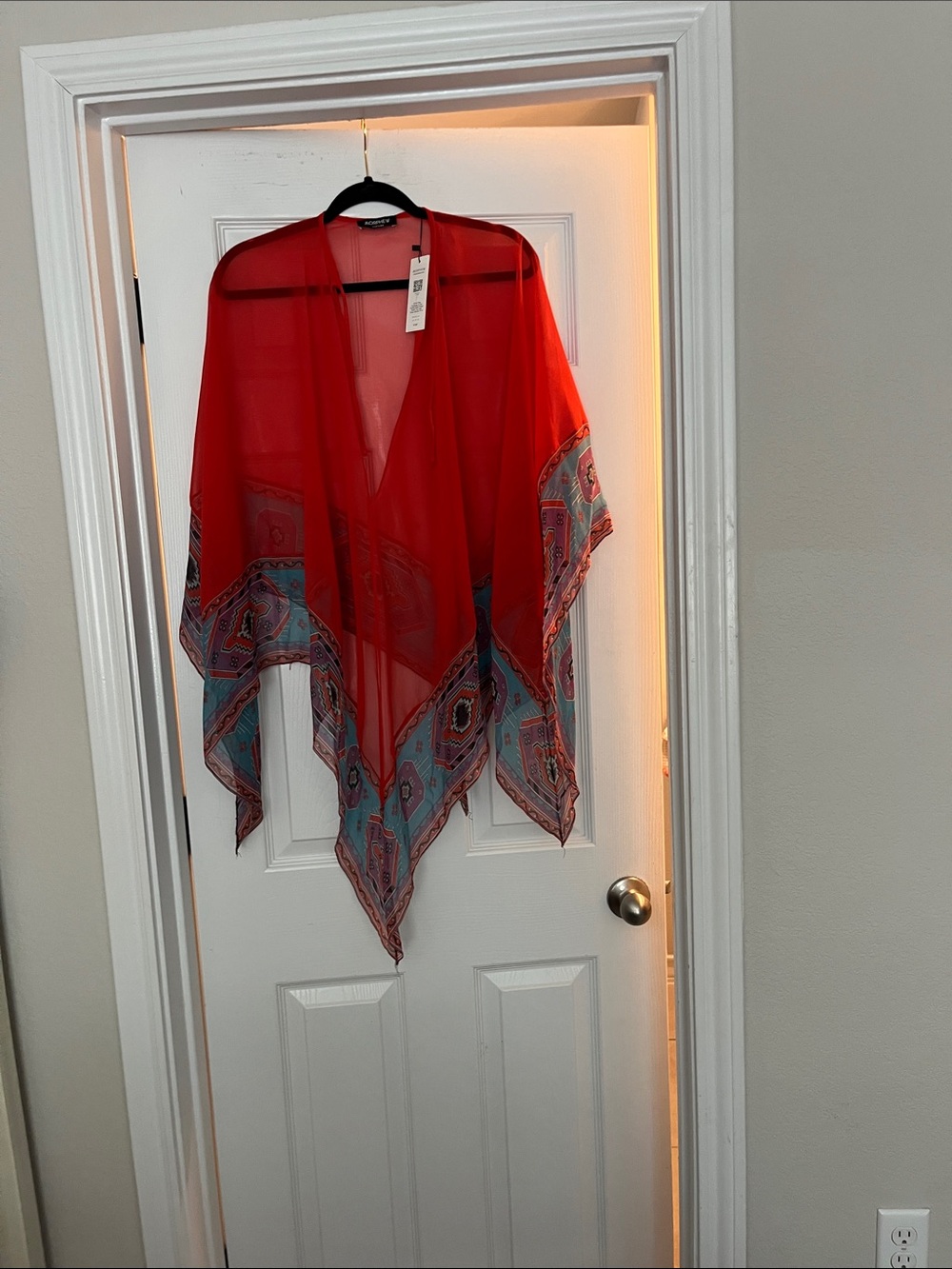 Morphe Red Sheer Shawl with Turquoise Multi-Pattern Border